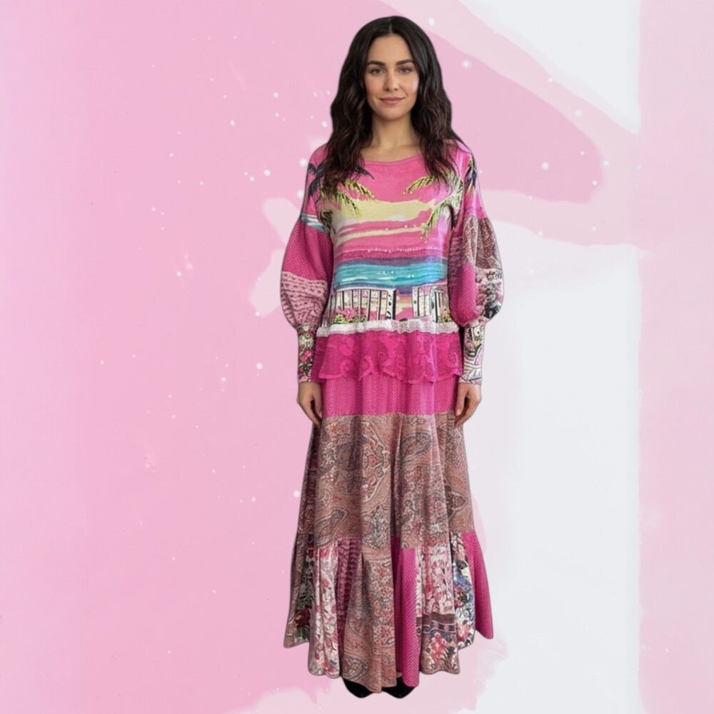 Upcycled Pink Boho shabby chic maxi dress with mutton chop sleeves Size M-L